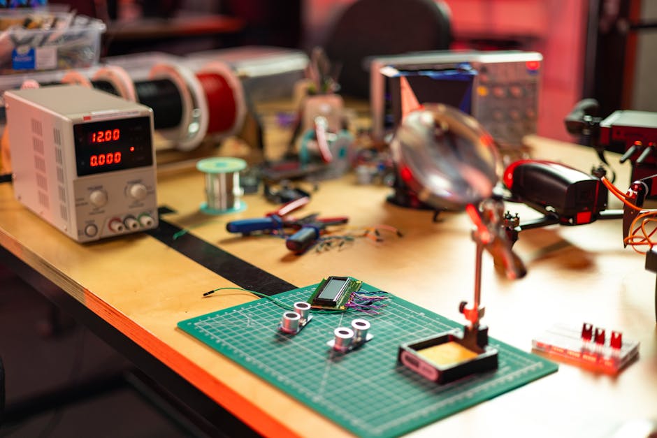 Mechanical parts and workbench tools — chassis, soldering irons, multimeters